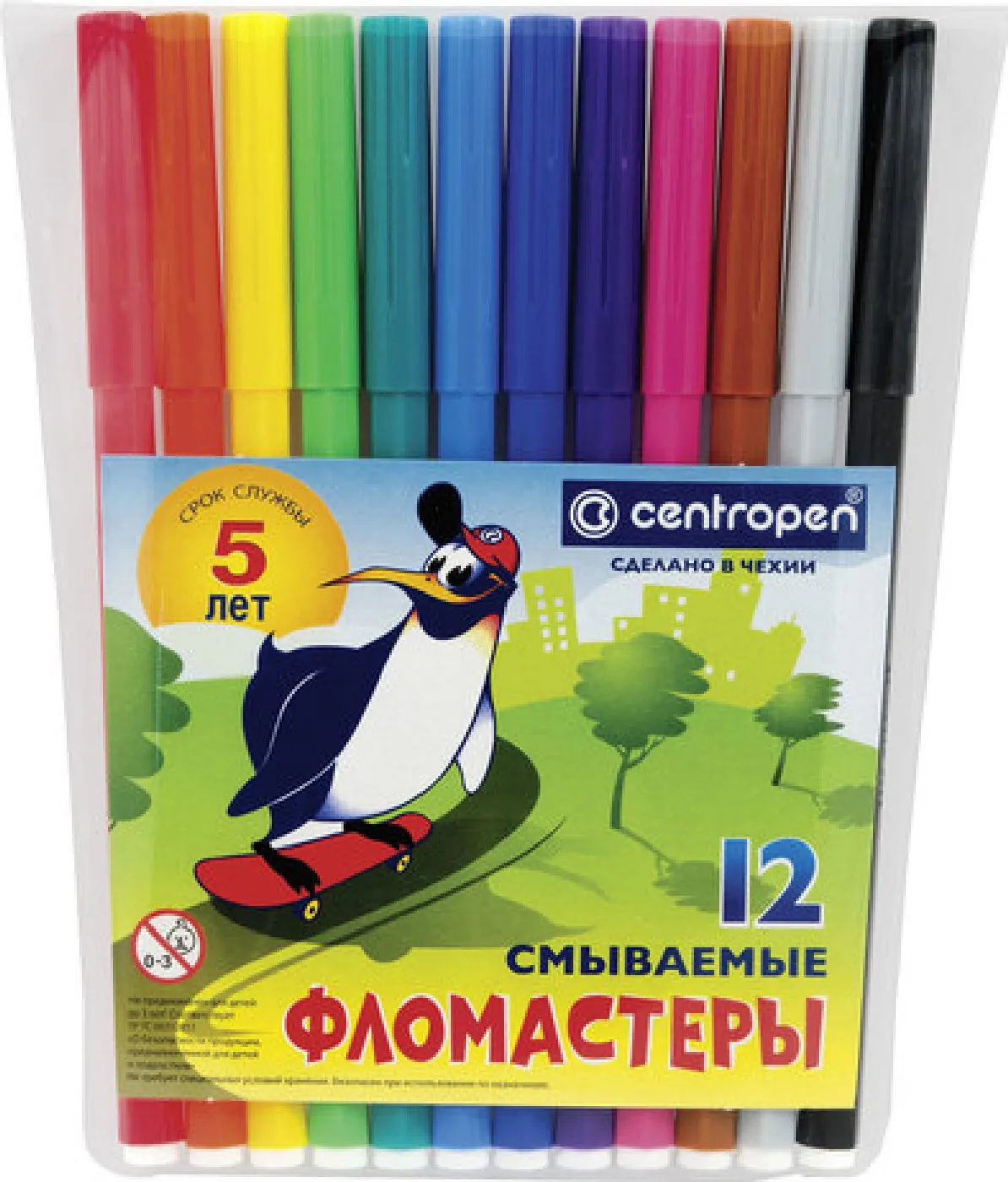 Фломастеры 12 ЦВЕТОВ CENTROPEN "Пингвины" смываемые вентилируемый колпачок 7790/12ET 7