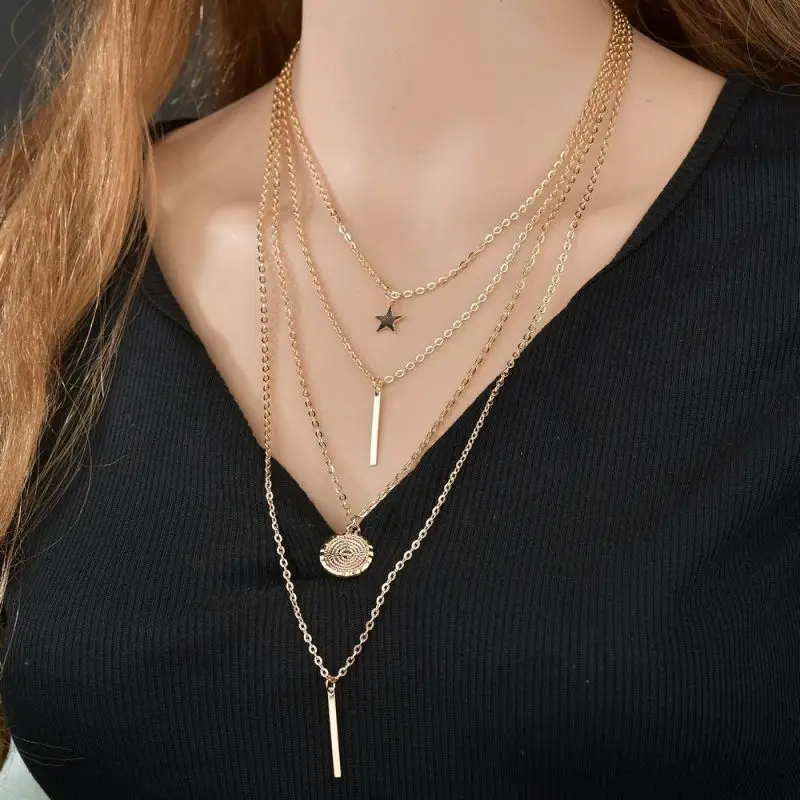 

2019 New Vintage Style Pendant Necklace Multi-layer Retro Metal Round Five-pointed Star Geometry Long Sweater Chain Suspension: