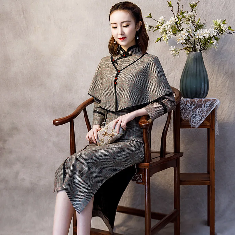 

Republic Of China Cheongsam Women Long Elegant Long Sleeve Dresses Models Houndstooth Small Vest Lady Chinese Style Daily Wear