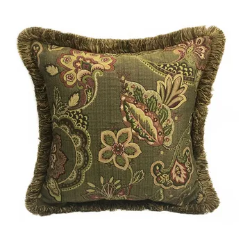 

45X45CM retro dark green flower cushion cover tassel sofa jacquard yarn-dyed waist backrest pillow case