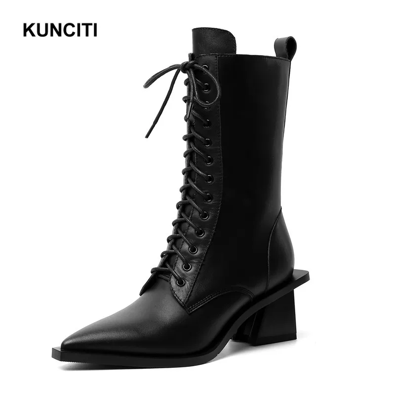 KUNCITI/; коричневые ботинки; женские ботинки до середины икры на высоком каблуке с зауженным мыском; Винтажная обувь из натуральной кожи с острым носком в стиле милитари; D9167