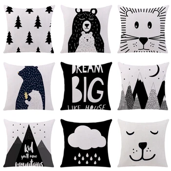 

Black And White Pillowcase Cushion Cover Cartoon Animals Kid Throw Pillow Hand Painted Lion Home Decor Geometric Mountain