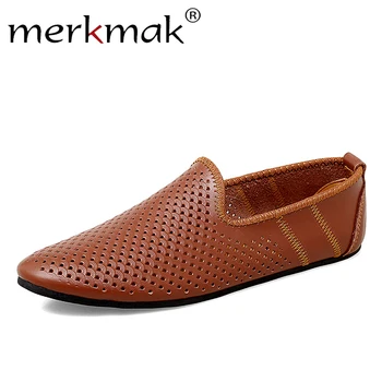 

Merkmak Summer Hollow Out Genuine Leather Shoes Men Casual Man Loafers Breathable Driving Shoes Male Slip On Moccasins Flats