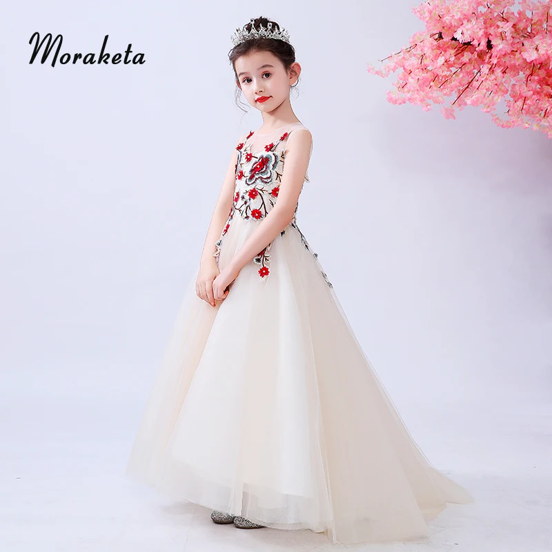 

Princess Floor-length Long Champagne Flower Girl Dresses With Train Luxury Appliques Tulle Ball Gowns Pageant Dresses For Girls