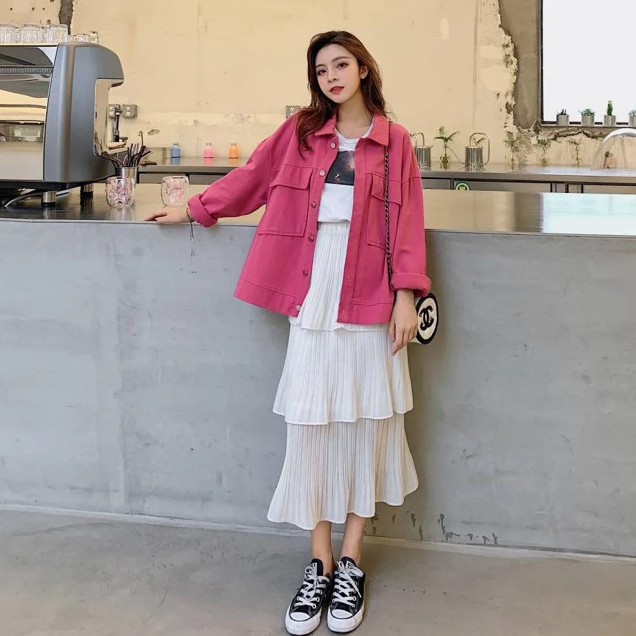 

Photo Shoot CHIC College Style Rose Red Fold-down Collar Single Breasted Denim Jacket Loose Casual Short Coat Women's Autumn