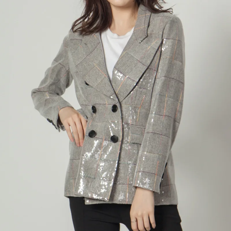 

LANMREM New Fashion Autumn Full Sleeve Vintage Plaid Office Lady Double Breasted Norched Wild Sequin Women's Blazer AI929