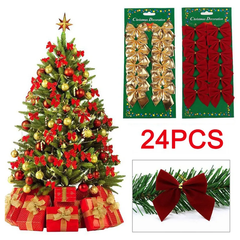 Bowknot Xmas Ornaments 6.2*5cm 24pcs Home Decorations Navidad 3 Color Pretty Butterfly Knot Party Festival Gift