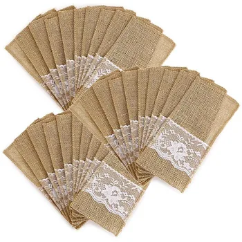 

Hot Natural Burlap Cutlery Utensil Hessian Lace Silver Cutlery Linen Knife Fork Cutlery Bag Suitable for A Vintage Country Weddi