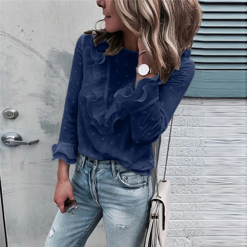 Женская кружевная блузка в горошек Feitong белая Повседневная рубашка с оборками и