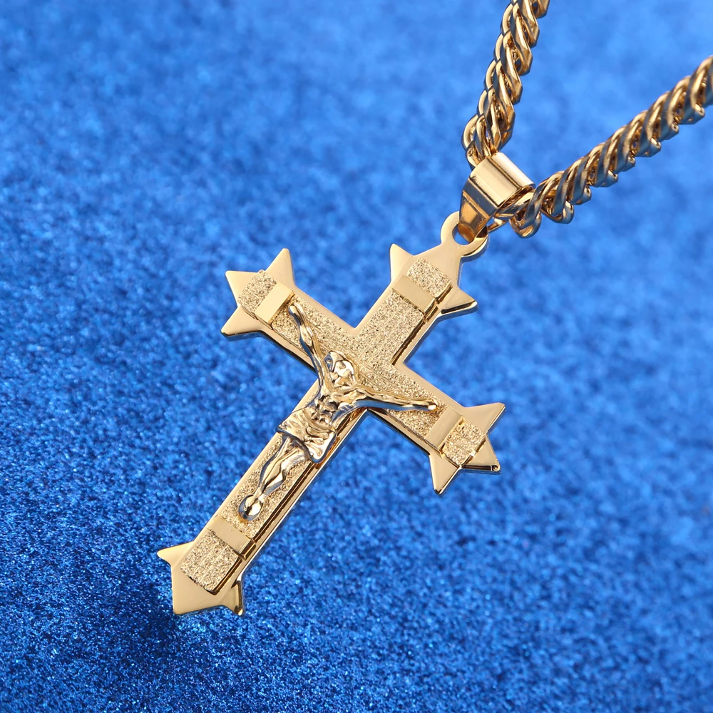 Gold tone Cross Christ Jesus Pendant Necklace Stainless Steel Link rolo Chain Heavy Men Mascot Jewelry Lucky Symbol Gift | Украшения и