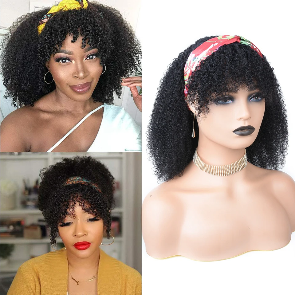Afro Kinky Headband Wig With Bangs 14inches Detachable Curly Cute Human