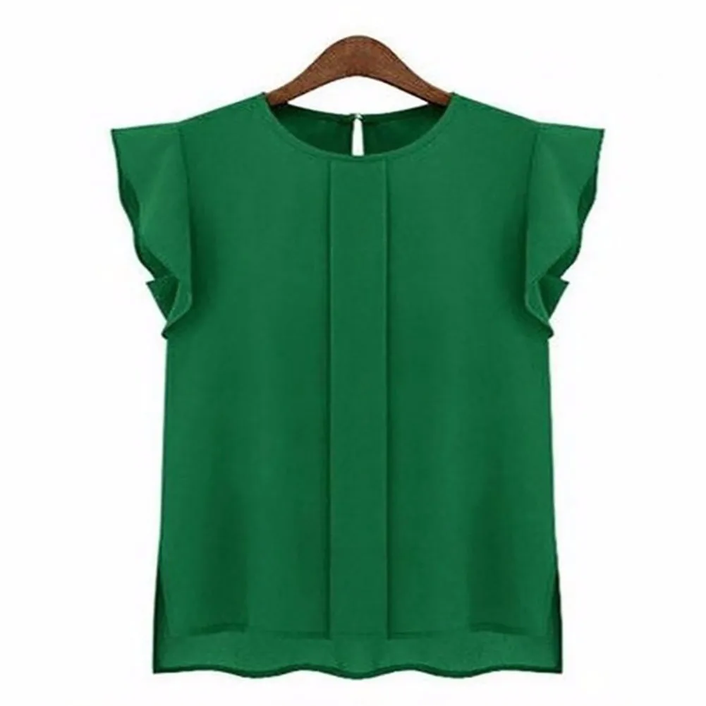 Новинка года; женские шифоновые рубашки с круглым воротником; одежда; летние женские модные топы с оборками и рукавами; цвет зеленый, синий; стильные рубашки Ol - Цвет: Зеленый