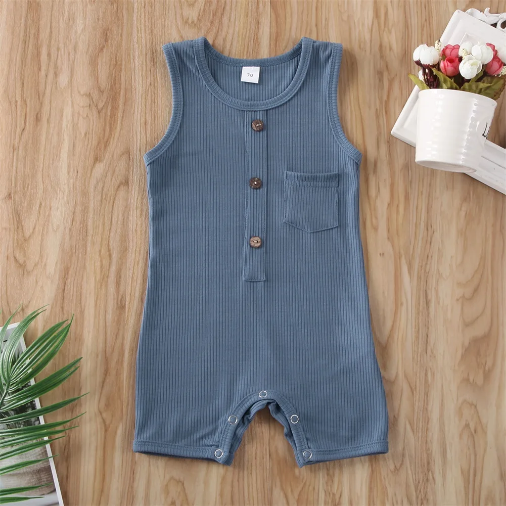 Летний хлопковый трикотажный комбинезон для новорожденных девочек и мальчиков комбинезон без рукавов на пуговицах, однотонная пляжная одежда для детей от 0 до 24 месяцев