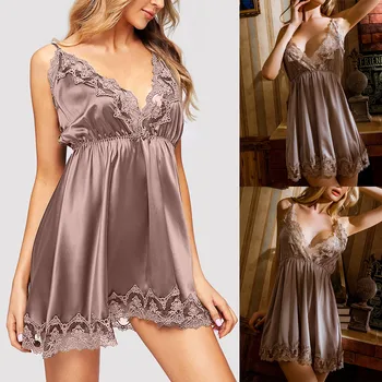 

Deep V Neck Women Satin Nightgown Sexy Lace Sleepwear Strap Spaghetti Ladies Silk Nightwear Sleep Wear Night Gown Lingerie Dress