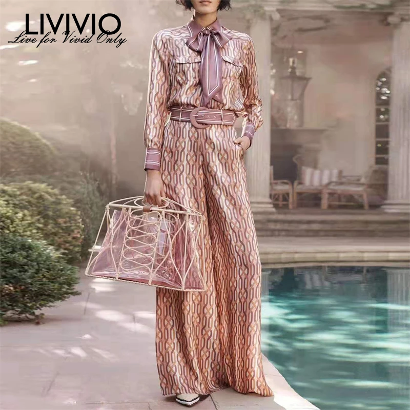 

[LIVIVIO] Print Geometric Two Piece Matching Sets Female Long Sleeve Shirt with Belt High Waist Wide Leg Pants Women's Suit 2019