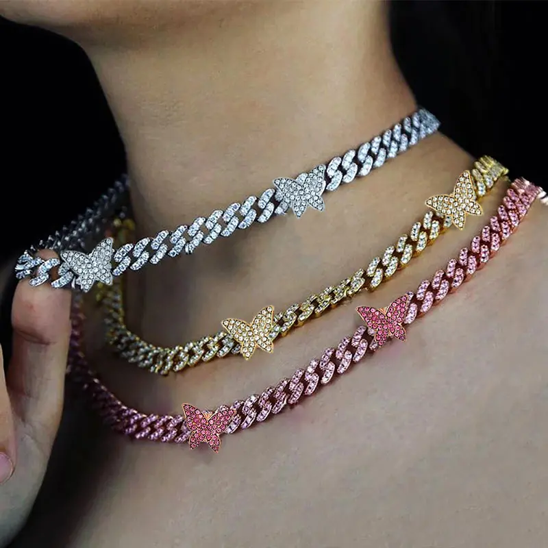 Caraquet Iced Out Crystal Baguette Butterfly Choker Necklace for Women Bling Rhinestone Miami Cuban Link Necklace Punk Jewelry