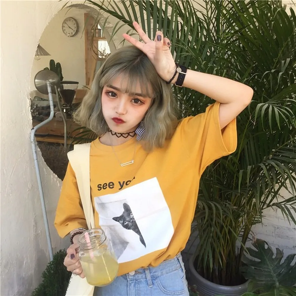 

Harajuku SEE YOU Print Women T Shirts Spring Summer Short Sleeve O Neck Cotton Spandex Women Tops Tees Slim Fit Women T Shirt