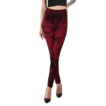 

Women Fake Denim Pants High Waist Trousers High Elastic Skinny Female Ankle Length Pants Stretchy Pencil Pants