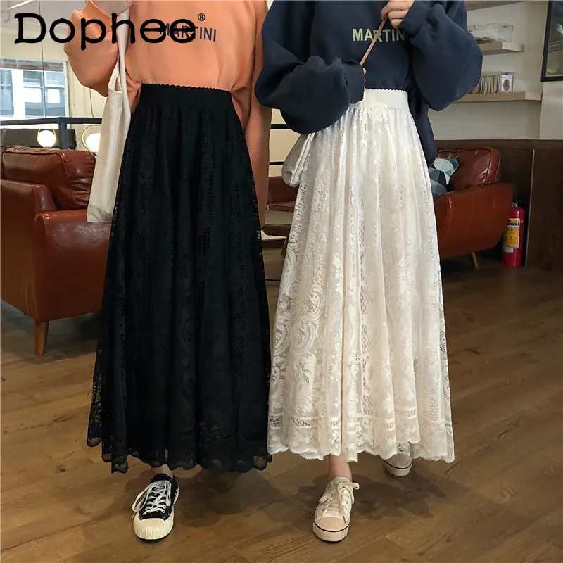 Elegant Elastic High Waist Lace Midi Skirts Women 2021 Spring/Summer Short Skirt Korean Fashion Casual A- Line Black Long Faldas | Женская
