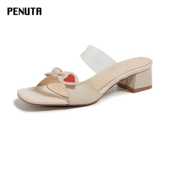 

2020 PENUTA Genuine Leather Fashion Outside Butterfly- Knot Slipper Square Heel Women's Summer Beach Slides High Quality T0056