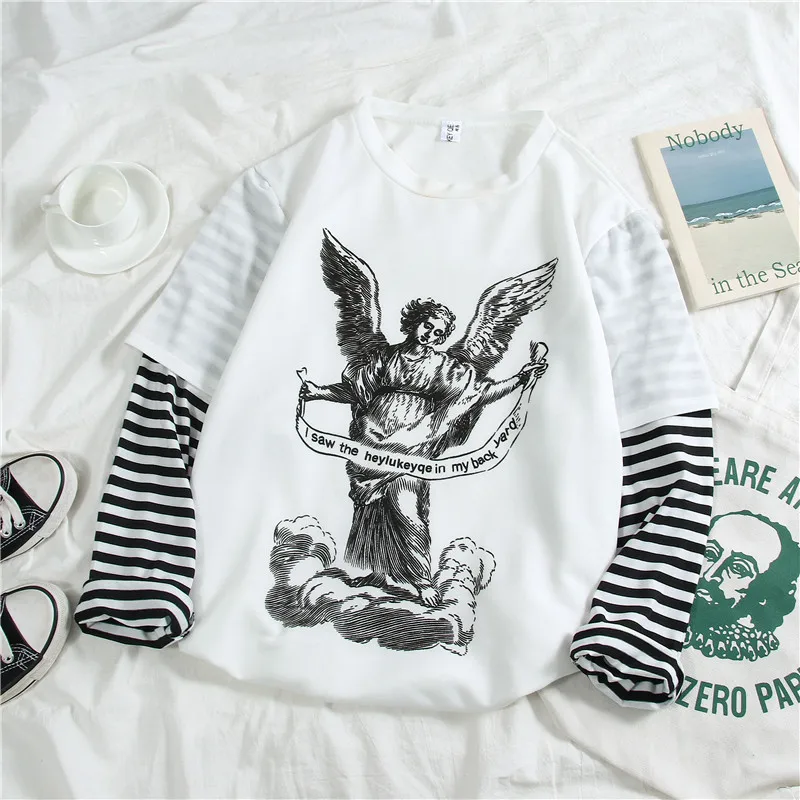 

Harajuku Faux Two Piece T Shirt Women Long Sleeves Aesthetic Print Patchwork Striped Tops Streetwear Ladies Tshirts Autumn 2019 White