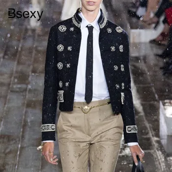 

Brand Designer Women Cropped Jacket 2019 Gothic Embroidery Horn Buckle Stand Collar Vintage Runway Black Jacket Coat Streetwear