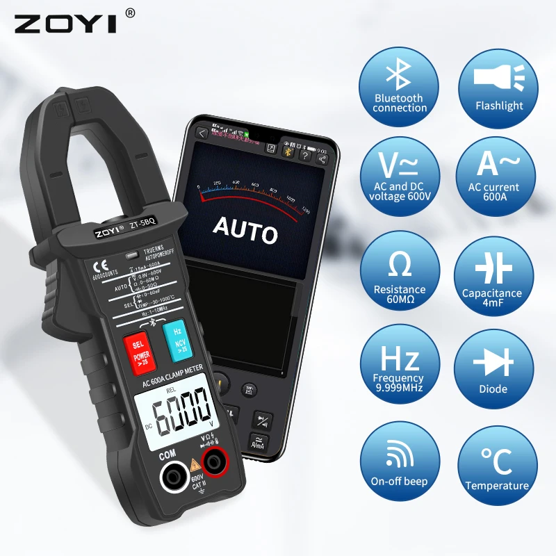 ZOYI Digital Bluetooth Multimeter Clamp Meter 5BQ, 6000 count True RMS AC voltage AC current Hz capacitance ohm tester