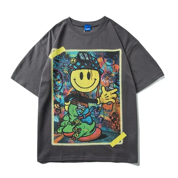 

Harajuku Back Smiley Graffiti Printed Short-sleeved Couple Tshirts Loose O Neck Cotton Streetwear T-shirt Oversize Hip Hop Tees