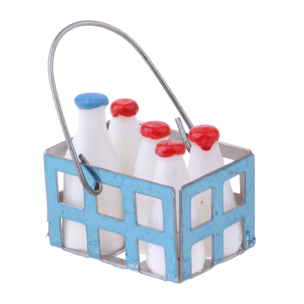 Miniature Milk Bottles and Metal Basket for 1/12 Dolls House Kitchen Decoration