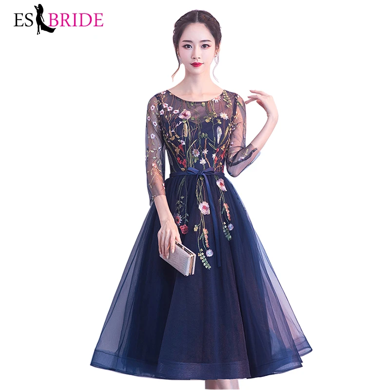 

Navy Blue Elegant Grey Prom Dresses Long Lace A-Line O-Neck Tulle Illusion Evening Party Gowns Abiye Gece Elbisesi
