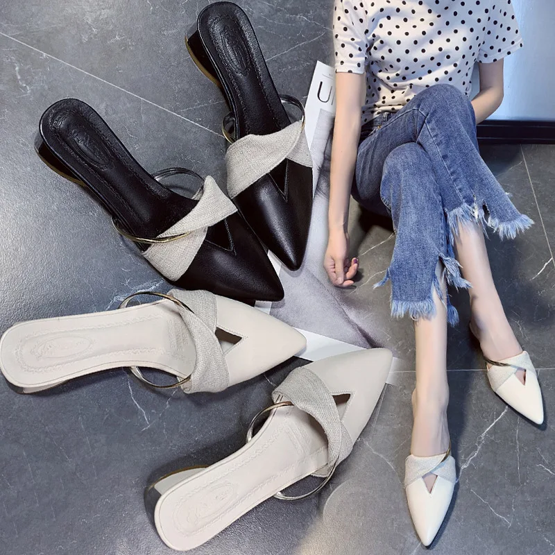 

Slipper Women's 2019 Summer New Style Chunky-Heel WOMEN'S Sandals Metal Mixed Colors Pointed-Toe Mules Shoes Cool GIRL'S