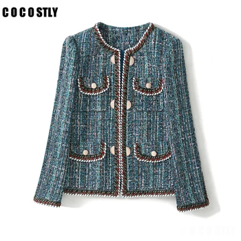

2020 runway celebrity tweed jacket women single breasted o-neck twist tweed coats high quality lake green weave short jackets