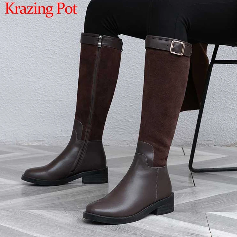 Krazing Pot/красивые разноцветные сапоги для верховой езды теплые зимние сапоги до колена из натуральной кожи с круглым носком на среднем каблуке с пряжкой на молнии; L77