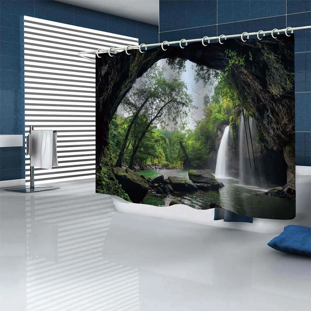 3D пейзаж, лес, водопад, ткань, занавеска для душа, деревья, с принтом, набор для ванной, коврик для унитаза, покрытие для сиденья, пьедестал, ковер