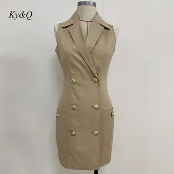 

High Quality Women Fashion Sleeveless Dress 2020 Summer Double-breasted Lion Buckle Simple Slim Lapel Vintage Vest Dress Clothes