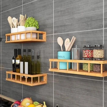 

For Kitchen Accessories Bamboo Storage Shelf Sundries Organizer Ergonomic Spice Wall Hanging Seasoning Rack Punch Free Portable