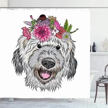 

Shower Curtain Set with Hooks 72x72 Inches Babies Small Cute Fashion Beauty Wreath Labradoodle Lifestyle Fur Puppy Girl Wearing