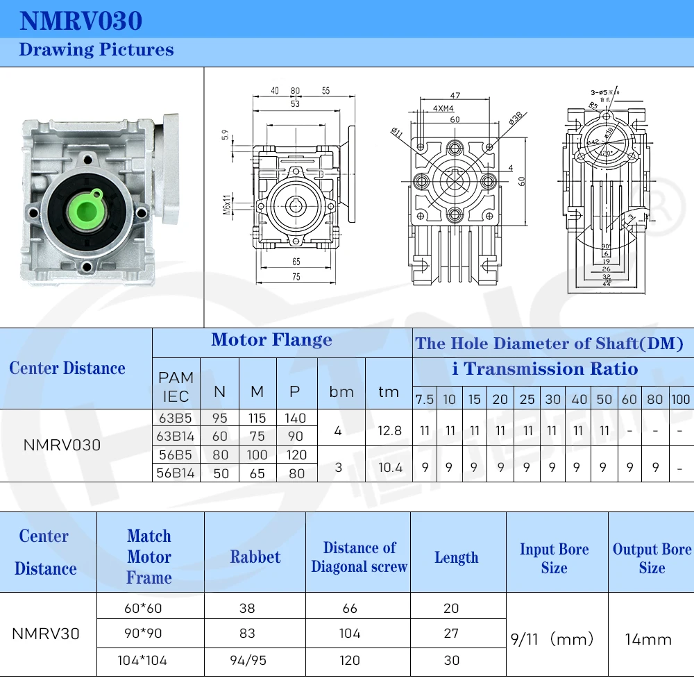 비율 60:1 Nema23 스테핑 서보 모터용 웜 감속기 NMRV030 60mm x 60mm 토크 2.6-24Nm 입력축 8mm 출력 14mm