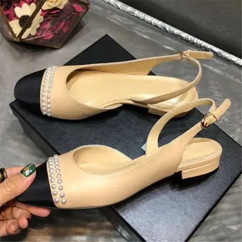 

Luxury Brand Sandals Woman Summer Apricot Pearls Square Toe Slip on Flat Shoes Women String Bead Fashion Ladies Casual Shoes