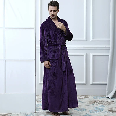 Удлиненный зимний теплый халат для влюбленных, мужской фланелевый банный халат-кимоно с вафельным принтом, мужские халаты из кораллового флиса, мужской Халат - Цвет: Men Purple