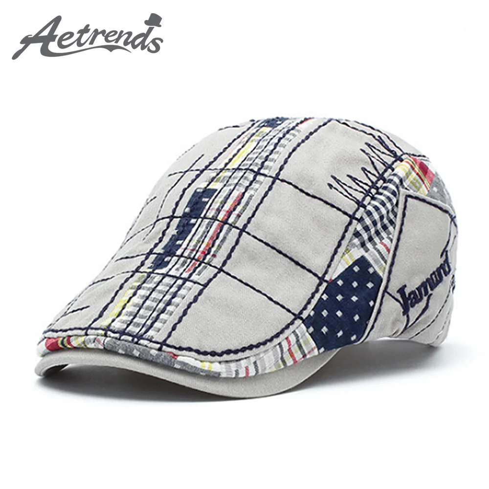 

[AETRENDS] Irregular Embroidered Plaid Stitching Newsboy Cap Flat Hat Cabbie Driving Caps Z-9981