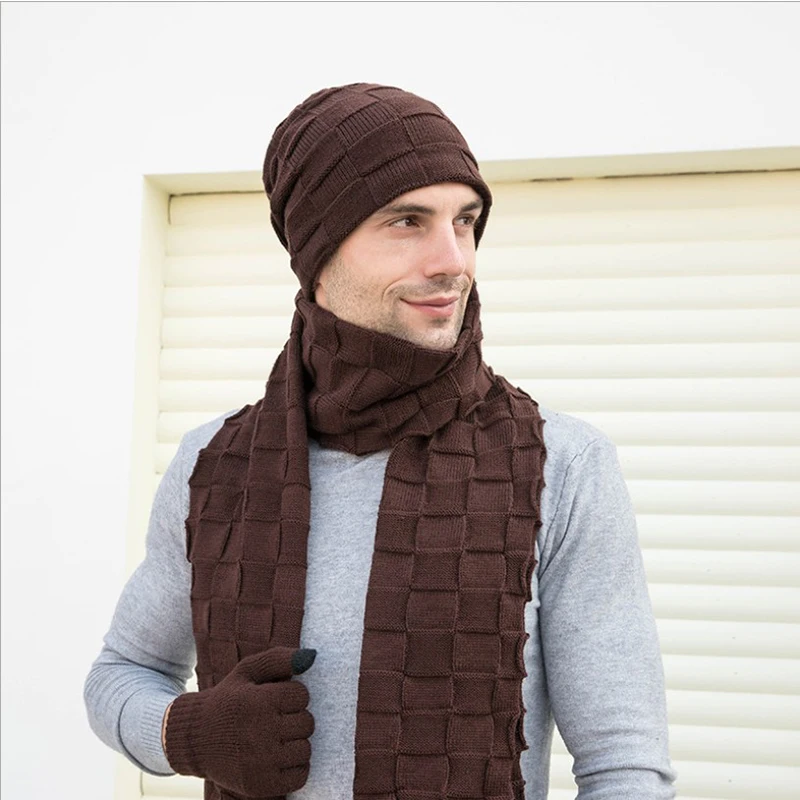 

Autumn And Winter Fashion Knitted Three-Piece Set Of Solid-Color Warm Cover Head Wool Cap Scarf Glove Set