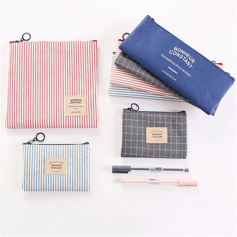 

Korean Stationery Simple Pencil Case Students Large Capacity Grid Stripes Canvas Pencil Coin Purse Storage Cosmetic Zipper Bag