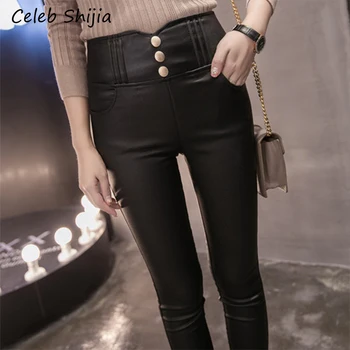 

SHIJIA single-breasted PU pants for woman high waist Stretch Fleece skinny pant autumn winter warm trousers female 2019