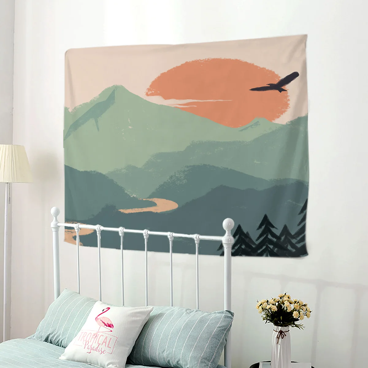 Mountain Water Sunrise Eagle Forest Tapestry Wall Decor Wall Art Home Art for Living Room Decoration