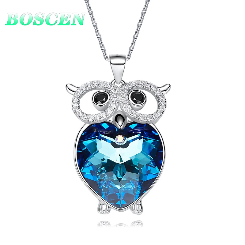 BOSCEN 925 Sterling Silver Pendant Necklace For Women Birthday Gift Colorful Owl Embellished With Crystals From Swarovski - Цвет камня: Blue Brass