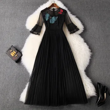 

Women black mesh dress new 2020 spring summer flare sleeve hollow out lace waist butterfly beading pleated long sexy dresses