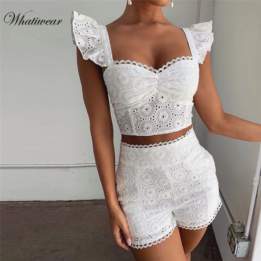 Whatiwear Women Hollow Out Gilding Two Piece Set Deep V Neck Sleeveless Open Back Strap Crop Top Bodycon Mini Skirt Club Outfit | Женская