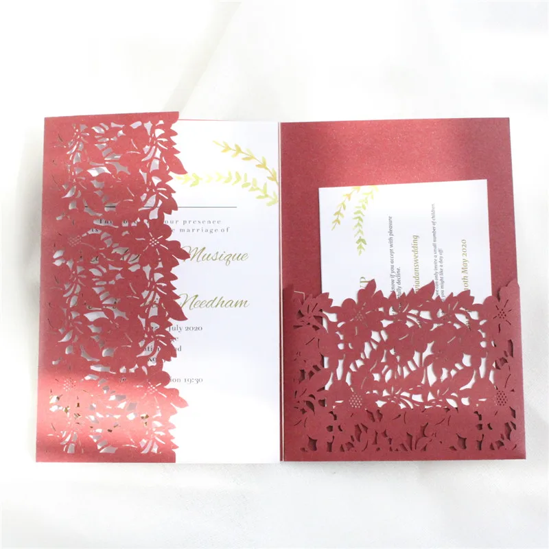 

Бургундский Лист Лазерная резка Пригласительные открытки Свадьба quinceanera Валентина поздравительная открытка персонализированные поставки