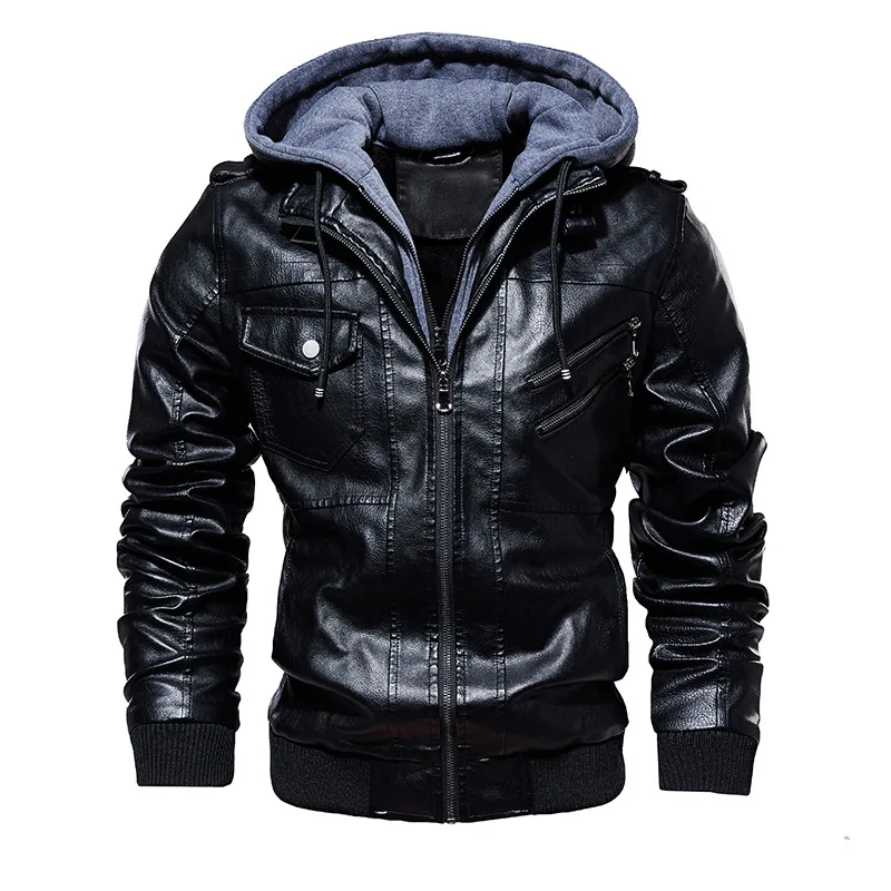 Classic Men Motorcycle Leather Jackets Winter Biker Coat Fashion Casual Hooded Faux Jacket Warm PU Leather Chaqueta Cuero Hombre